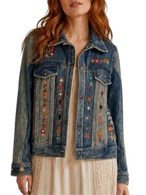 Parsley & Sage Embellished Embroidered  Artisanal Medium Wash Denim Jacket Small